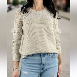 Heartloom Cream Knit Fringe Raglan Sweater Size Large Textured Boho